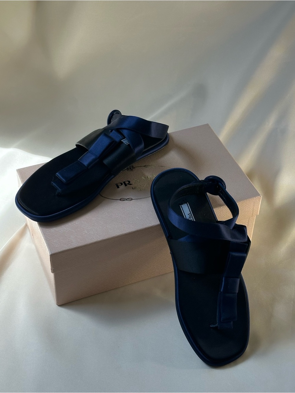 Prada Navy Blue Satin Bow Sandals. Size 39. NWT